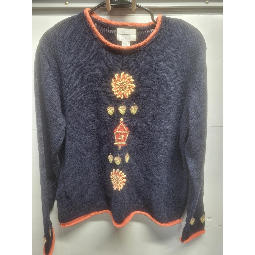 Christopher & Banks Navy Blue Hand Embroidered Sunflower acorn Fall Sweater M